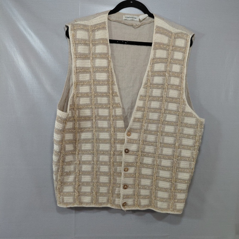 Claiborne Linen Blend Woven Vest XL Cottagecore Basket Weave Pattern Neutral Tan